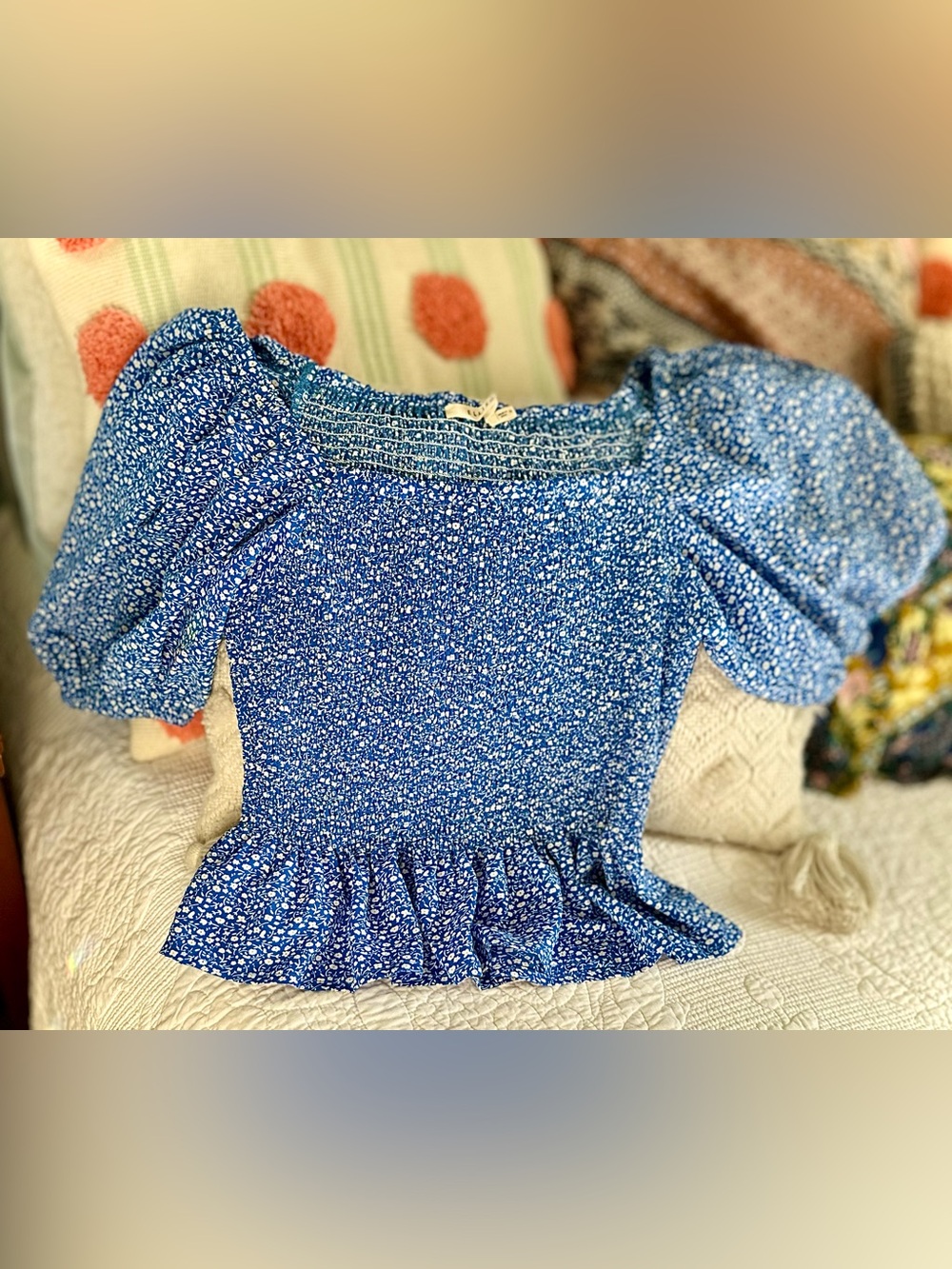 Ellison | Junior Small | Royal Blue + White | Floral Smocked Peplum Top 😍